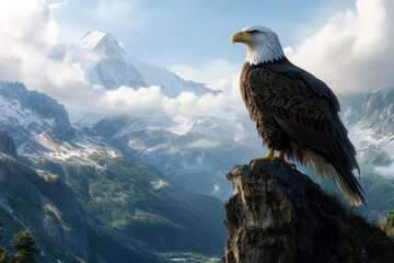 Fototapeta premium Bald Eagle Perched on a Rock Overlooking Mountain Landscape