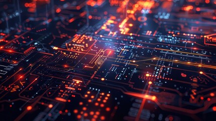 Fototapeta premium Abstract digital circuit board with glowing lines and nodes.