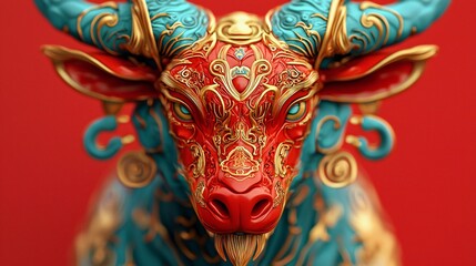 Naklejka premium Ornate Red Teal Ox Figurine Chinese New Year Symbol 3D Render