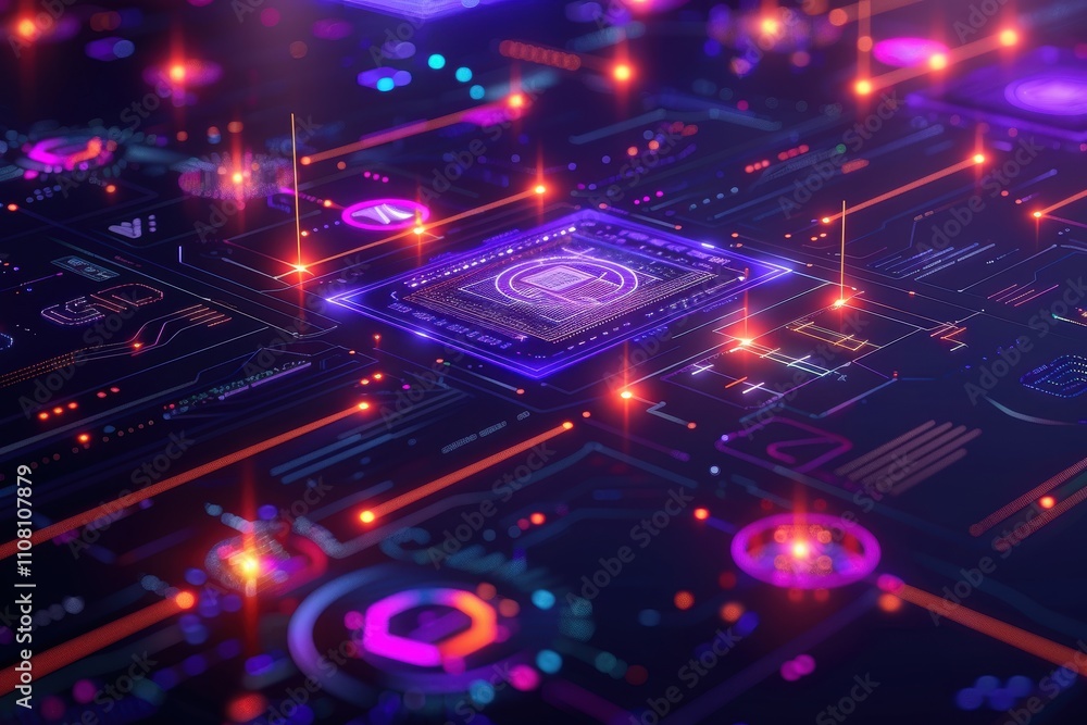 Poster abstract digital circuit design with glowing elements and vibrant colors.
