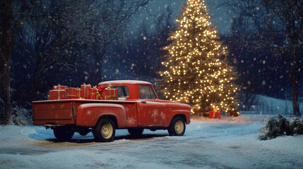 Snowy Christmas Eve  Red Truck  Gifts  Illuminated Tree