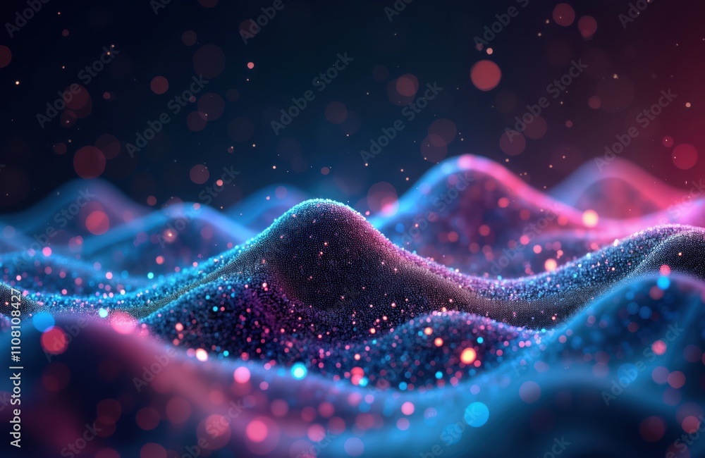 Aufkleber Futuristic abstract background dynamic data transfer concept. Pink, blue glowing neon wave lines form mountain of data. Bokeh lights sparkle brilliantly. High-speed motion, vibrant colours create