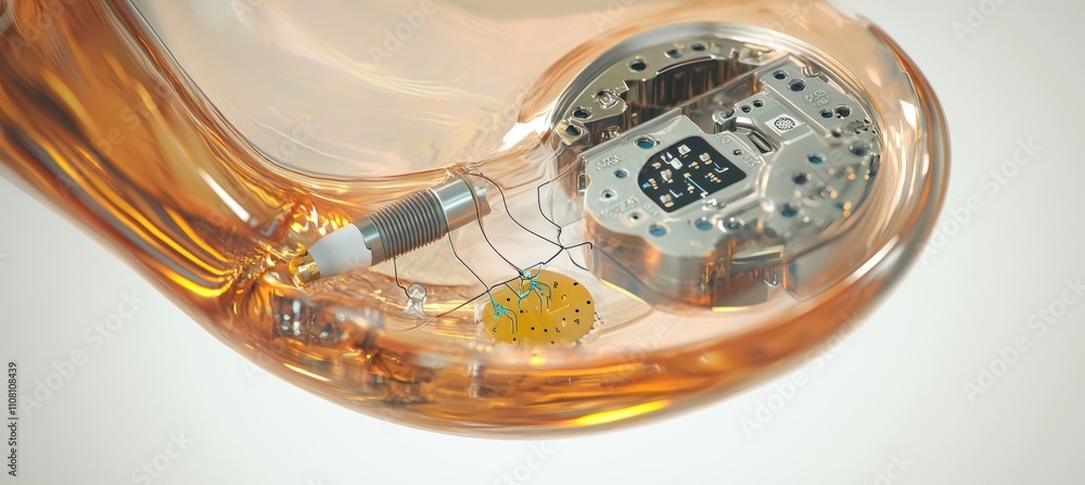 Poster detailed digital rendering of a cochlear implant showing components and functionality