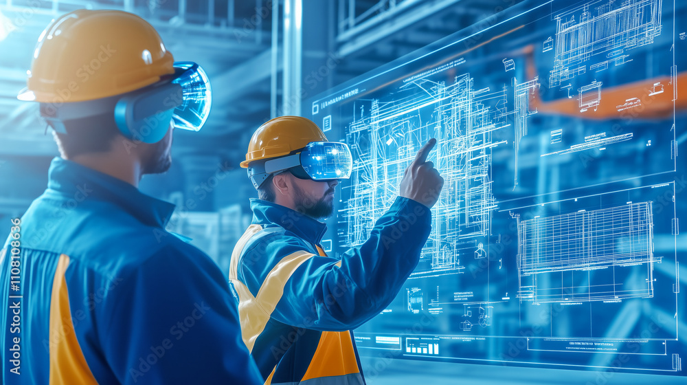 Aufkleber workers using augmented reality in a construction site