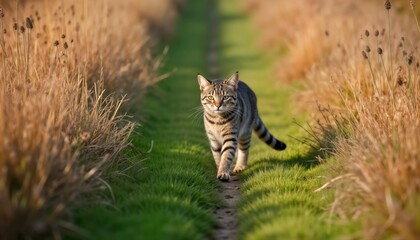Naklejka premium Cute striped cat walks through grassy field. Sunny day outdoors. Nature scene. Domestic pet exploring. Rural setting. Focus on animal. Outdoor activity. Young cat. Green grass, dry weeds. Close-up