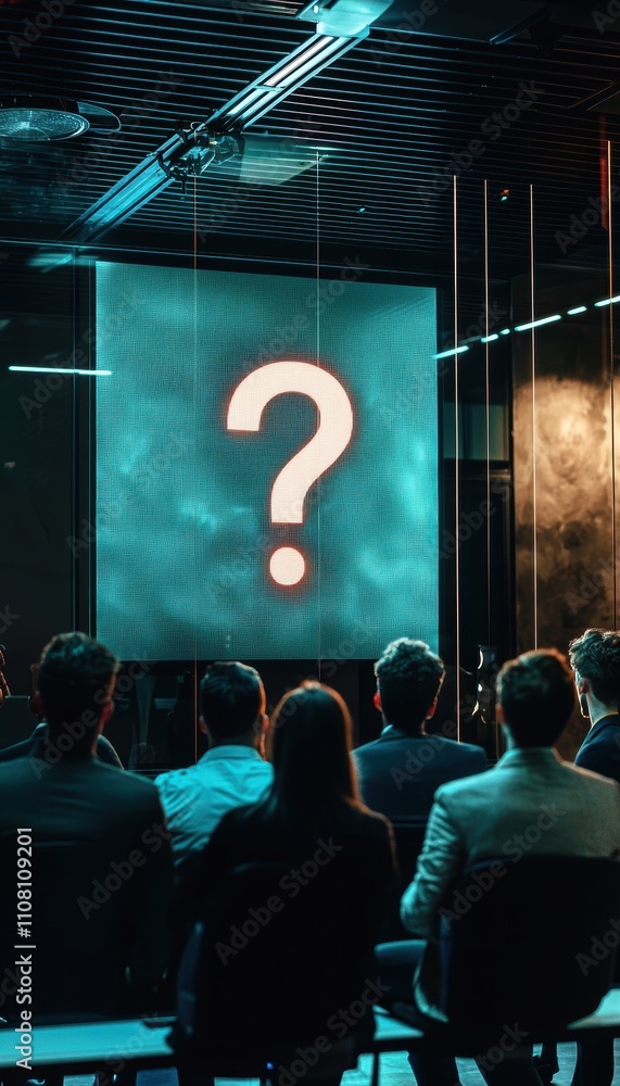 Poster cutting-edge problem solving: professionals interact with holographic display in modern conference r
