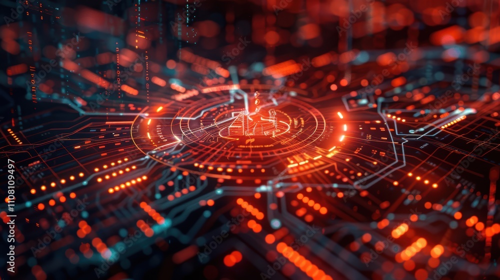 Poster abstract digital circuit design with glowing elements and vibrant colors.