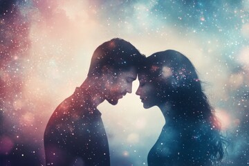 Obraz premium Couple embracing under a cosmic sky filled with stars and vibrant colors