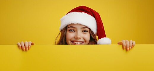 Smiling Christmas girl peeking from behind a yellow banner, wearing a Santa hat, isolated on a solid yellow background. Perfect for custom holiday greetings, social media posts 2026 - 2027.