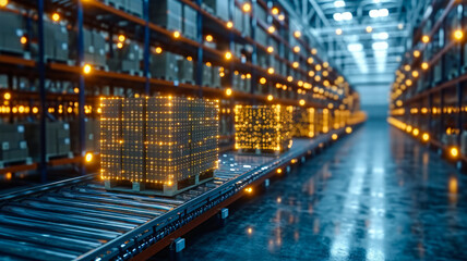 Glowing Pallets on Conveyor in High-Tech Warehouse
