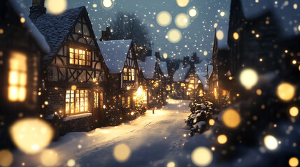 Fototapeta premium Magical Snowy Village Street Christmas Lights Winter Wonderland Festive Season