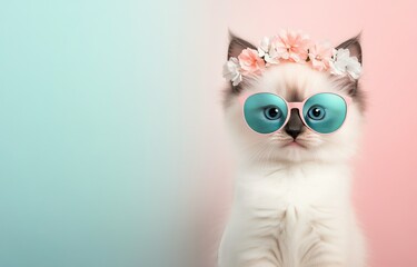 Obraz premium Cute kitten wearing sunglasses and flower crown against a pastel background