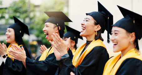 Asian people, applause or group of students at graduation or university for education or success. College goal, excited or happy graduates on outdoor campus with degree, milestone or diploma in Japan