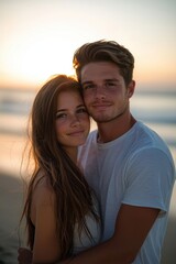 Fototapeta premium Romantic Beach Couple Embracing at Sunset - Perfect for Summer Love and Relationship Themes