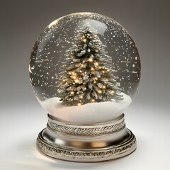 A sparkling snow globe with a delicate silver base rests on a white background; inside, a miniature Christmas tree laden with tiny ornaments glows warmly, evoking cozy winter nights and holiday cheer.