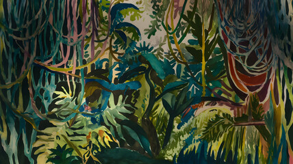 Fototapeta premium A watercolor drawing of a dense jungle filled with vines and ferns