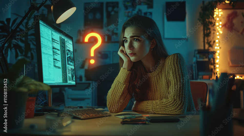 Aufkleber creative brainstorming in modern office with glowing question mark for problem solving inspiration