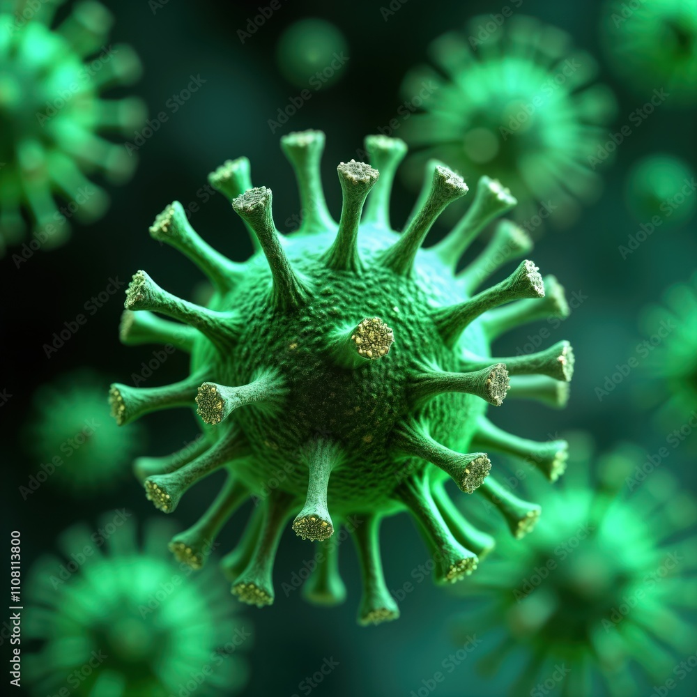 Aufkleber 3d illustration of dangerous green virus cells under microscope. neon glow highlights microbe struct