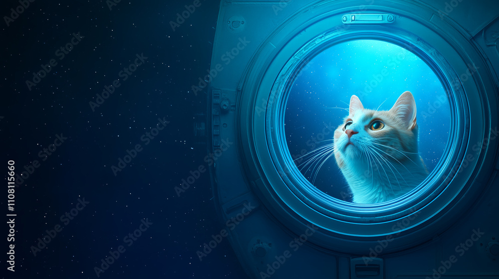 Poster cat gazes out into deep space from a spacecraft window