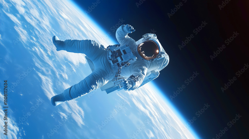 Poster astronaut floating in space above earth with clouds