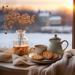 Close-up of a cozy winter still life containing a beige shawl, a cup of tea, cookies on a plate,  a vase and a big window with a view to snowy countryside 