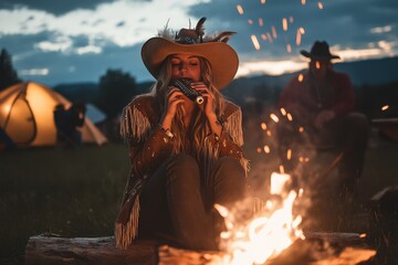Cowgirl playing harmonica by a campfire at dusk, surrounded by tents and a cowboy, evoking a sense of Western culture and adventure