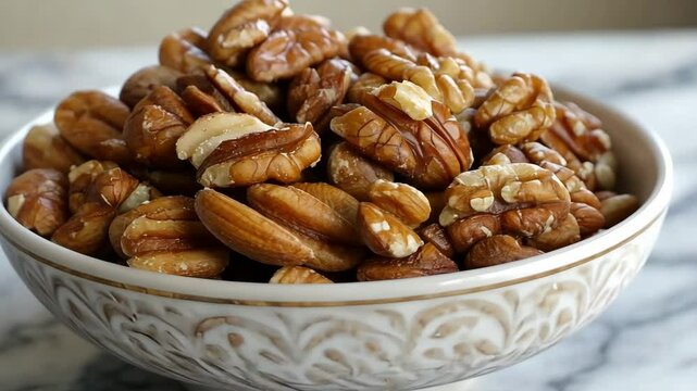 Pile of roasted pecans in a decorative bowl on a marble surface