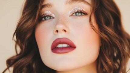 Fototapeta premium woman with glowing fair skin, bold shimmering burgundy lips, and radiant rosy cheeks. Her eye makeup features glitter accents