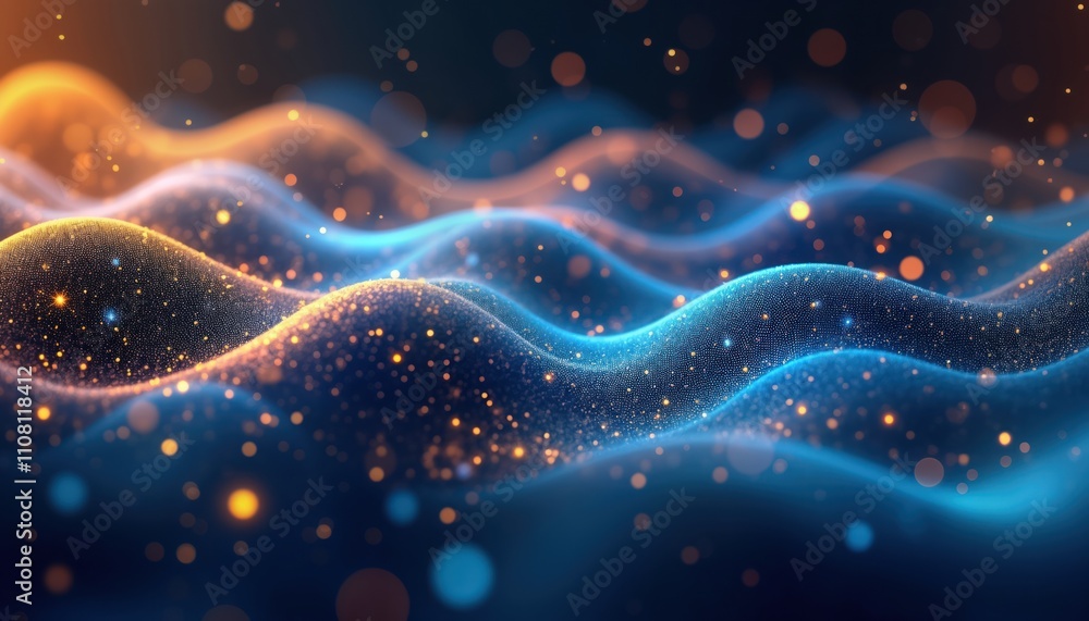 Poster Abstract digital illustration with glowing waves. Dynamic pattern of light particles creating futuristic design. Illuminated dots form complex undulating shapes. Glowing network of interconnected