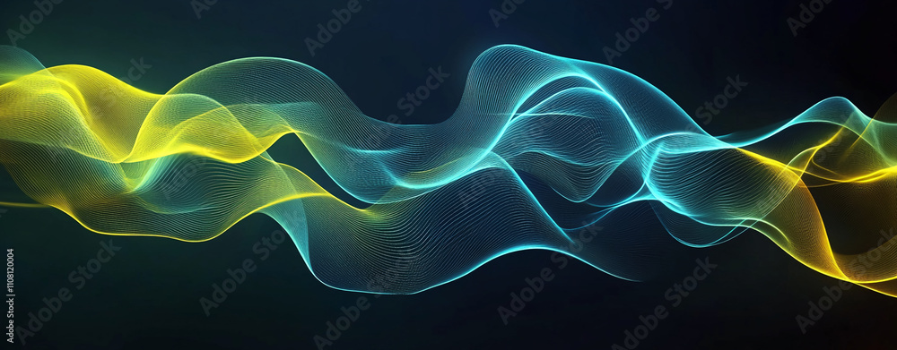 Poster Vibrant waves of blue and yellow light flow gracefully against a dark background in a dynamic display of color and movement