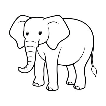 Simple black and white outline of a cute elephant. The cartoon style drawing features clean lines, a friendly expression, and white background