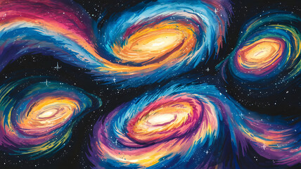 A watercolor drawing of swirling galaxies in vibrant colors