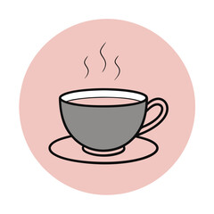 Obraz premium Line art cup of steaming tea or coffee on saucer, minimalistic illustration on pink circle background, copy space