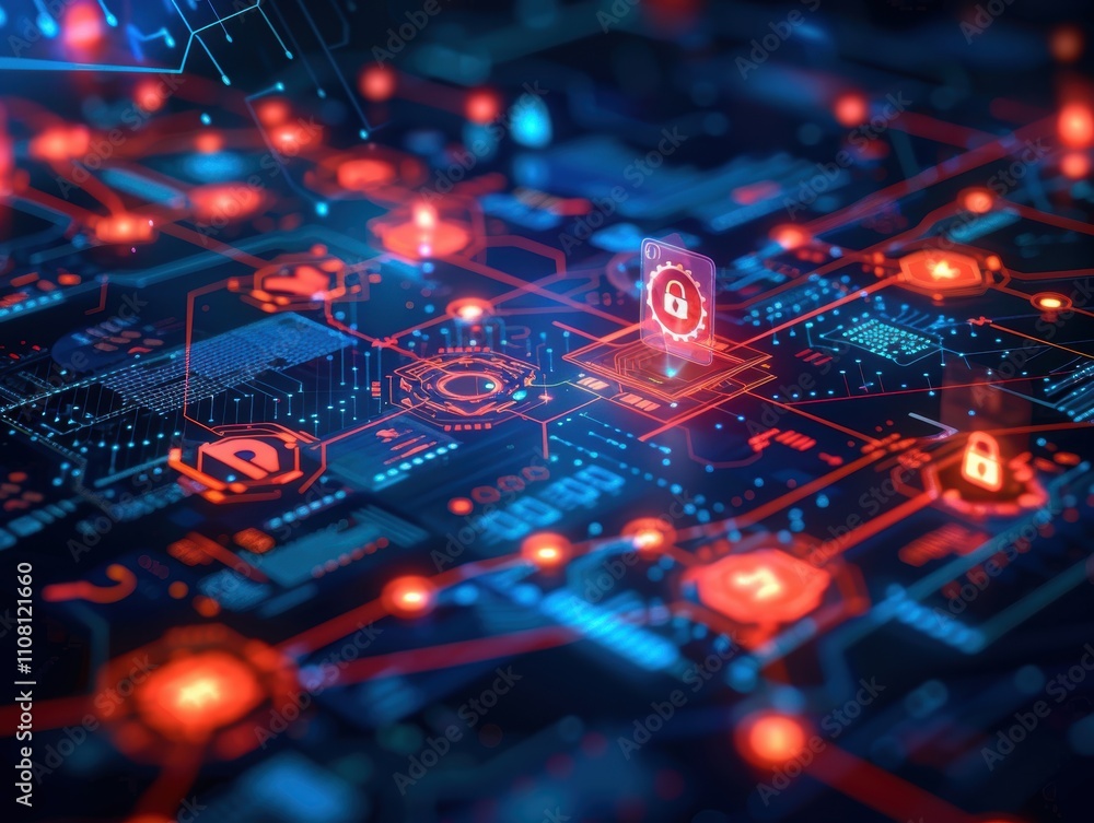 Poster abstract digital network with security icons and glowing connections.