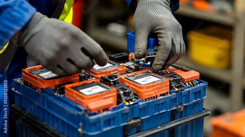 Poster worker assembling battery components in a well-equipped workshop during daytime