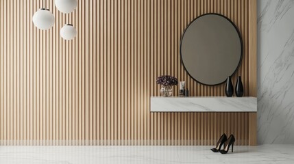 Here's a description and keywords for your image.. Minimalist modern entryway with wood paneling, marble console, and round mirror.