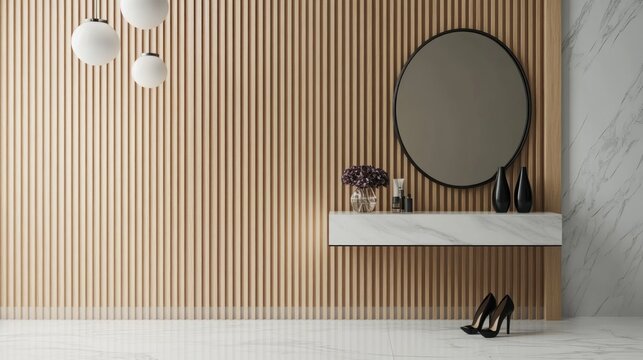 Here's a description and keywords for your image.. Minimalist modern entryway with wood paneling, marble console, and round mirror.