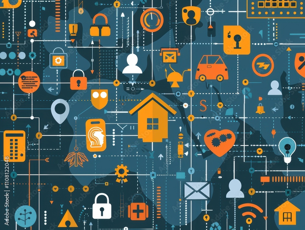 Poster abstract digital network with icons representing technology and connectivity.