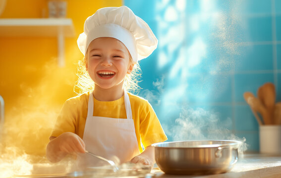 Joyful child chef baking in a bright kitchen