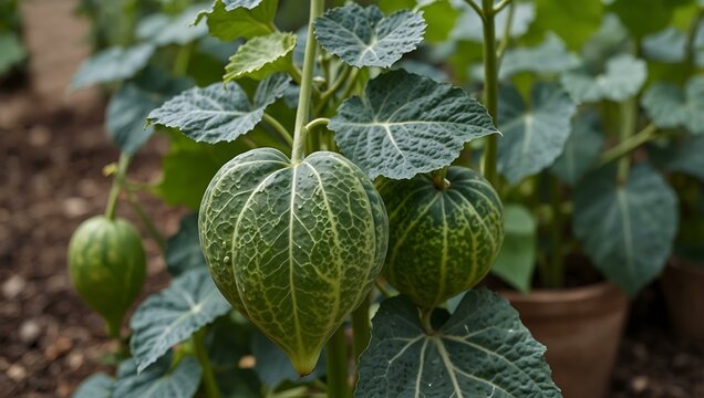Pointed gourd plant with heart-shaped leaves.