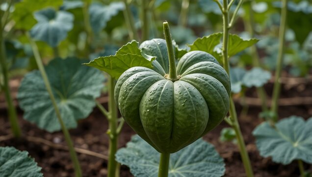 Pointed gourd plant with heart-shaped leaves.