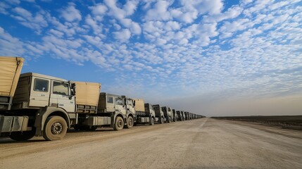 Obraz premium Empty aid trucks on a desolate desert road, symbolizing the gap between humanitarian efforts and the harsh realities of crisis zones