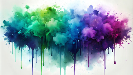 Fototapeta premium Ink bleed effect with soft washes of purple, blue, and green blending into the background