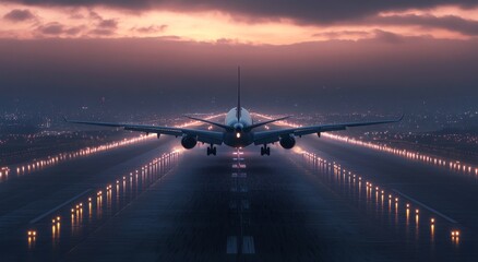 Fototapeta premium Airplane preparing for takeoff at sunset on a wet runway with glowing lights