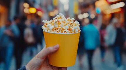 Enjoying fresh popcorn while walking through a busy outdoor market in autumn