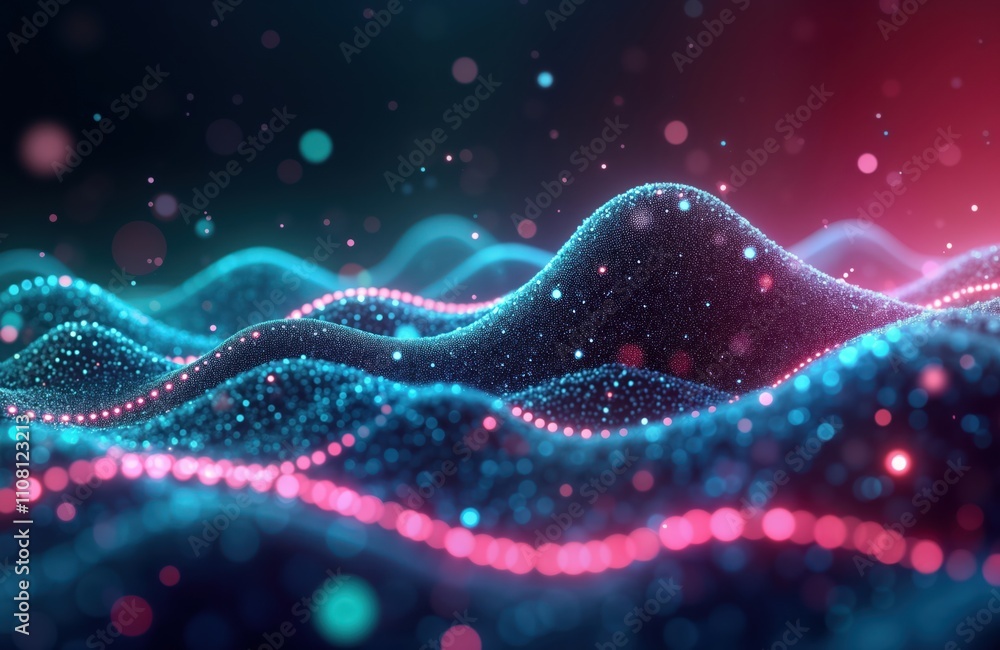 Poster abstract futuristic background displays dynamic glowing neon lines, mountain of data. pink, blue hig