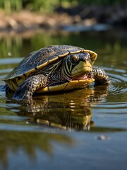 Pond slider turtle opening its mouth.