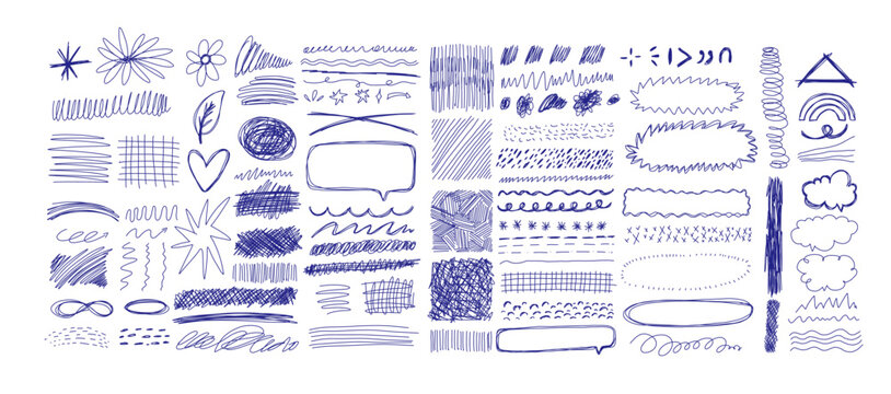 Blue ballpen scribble art collection. Simple scratch squiggle lines set. Hand drawn marks, underline strokes, doodles and arrows. Grunge marker stroke