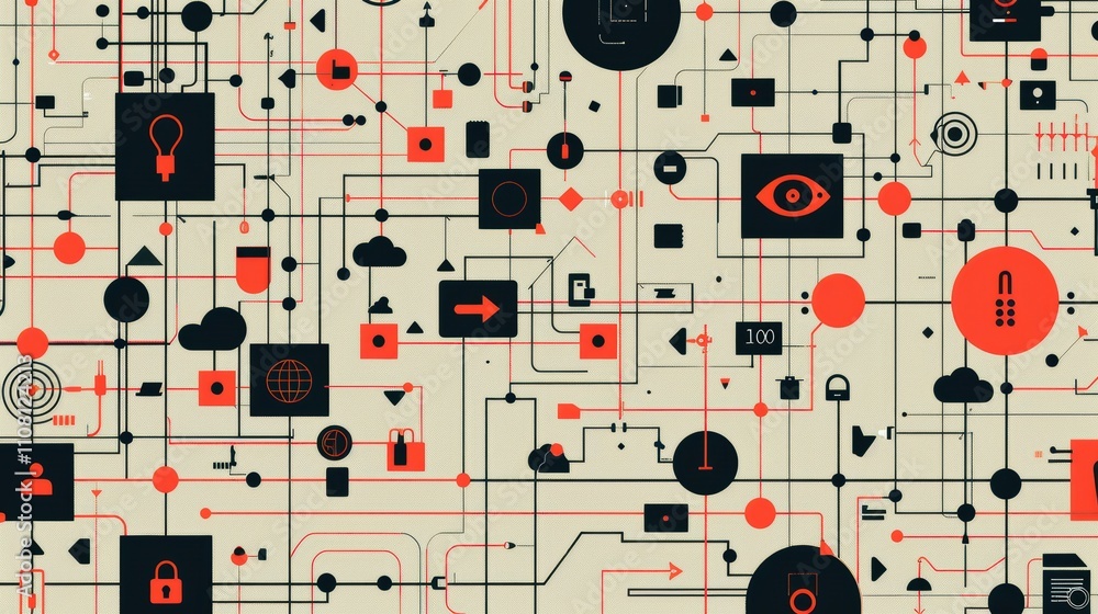 Poster abstract digital network with interconnected symbols and icons.