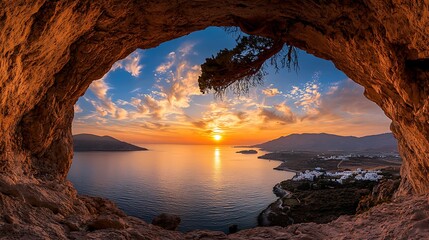 Scenic sunset view from a cave overlooking the ocean.